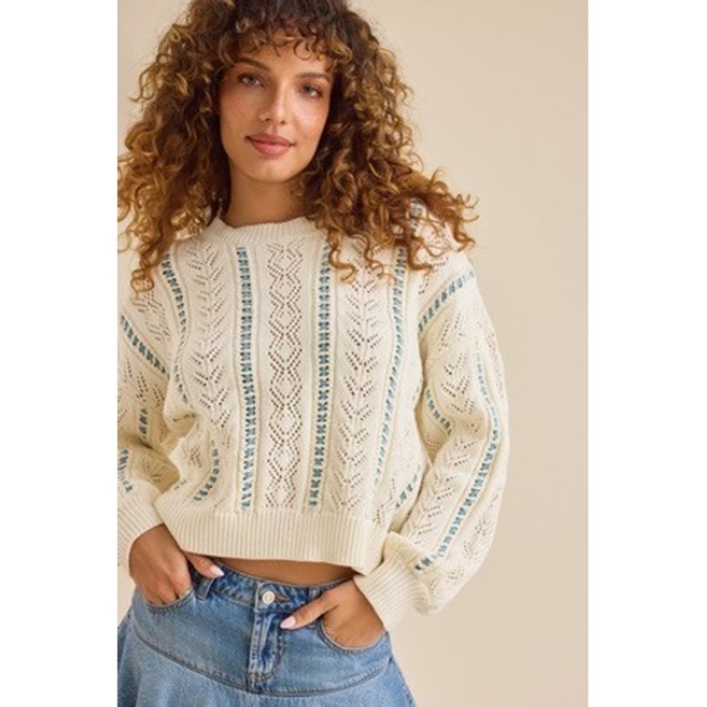 Splendid Collection Open Knit Sweater XL Ivory Teal Detail Cozy Pullover Boho‎